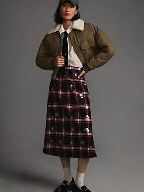 Maeve Embellished Plaid Skirt Midi Sequins Floral Tartan Plaid Red Plus Size 14